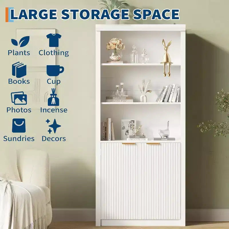 Bibliothèque à 5 étagères avec portes, Bibliothèque de rangement de 180 cm, Étagères réglables pour salon ou bureau