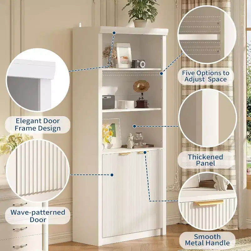 Bibliothèque à 5 étagères avec portes, Bibliothèque de rangement de 180 cm, Étagères réglables pour salon ou bureau