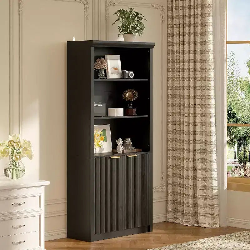 Bibliothèque à 5 étagères avec portes, Bibliothèque de rangement de 180 cm, Étagères réglables pour salon ou bureau