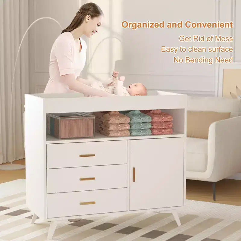 Table à langer commode, commode à 3 tiroirs avec matelas amovible et station de lange en bois pour chambre de bébé