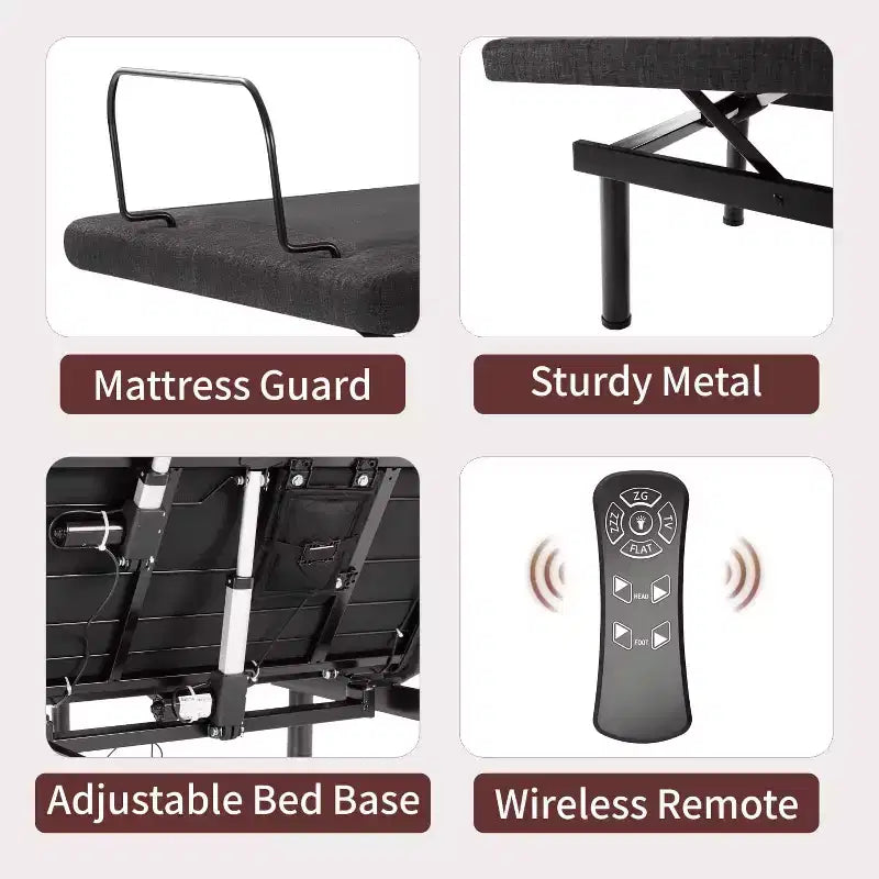 Cadre de lit ajustable Twin XL, base électrique avec télécommande sans fil, élévation tête et pieds, gravité zéro, anti-ronflement, métal et bois robustes, 3 hauteurs