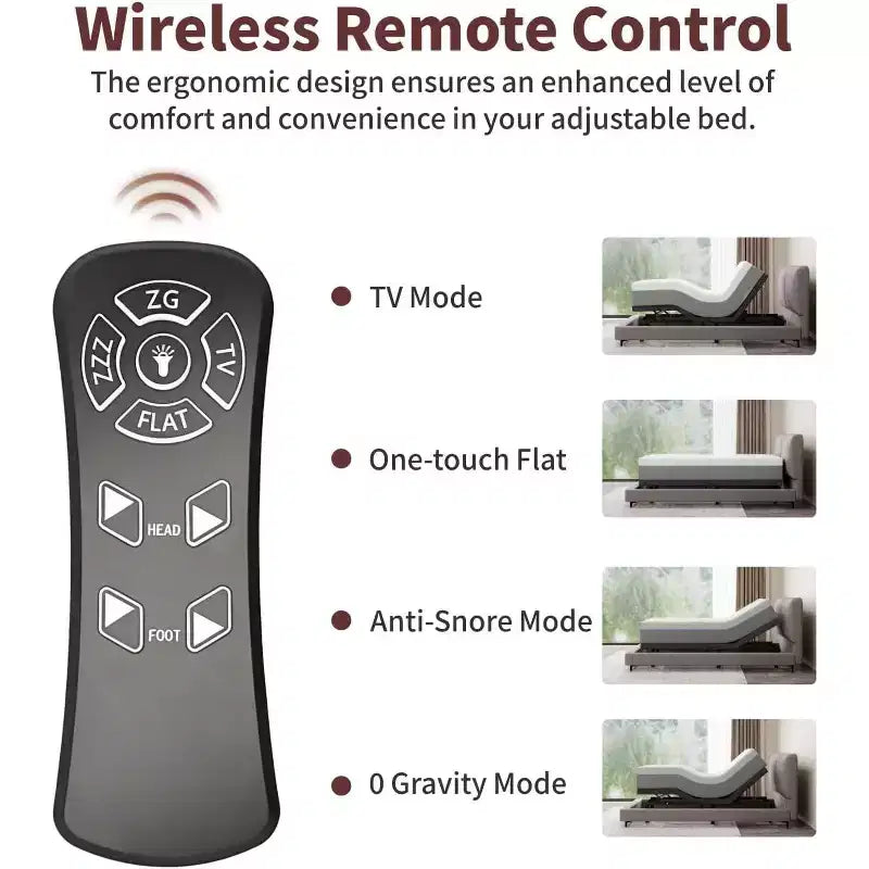 Cadre de lit ajustable Twin XL, base électrique avec télécommande sans fil, élévation tête et pieds, gravité zéro, anti-ronflement, métal et bois robustes, 3 hauteurs