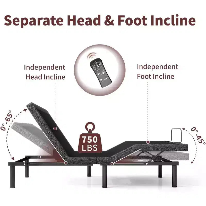Cadre de lit ajustable Twin XL, base électrique avec télécommande sans fil, élévation tête et pieds, gravité zéro, anti-ronflement, métal et bois robustes, 3 hauteurs