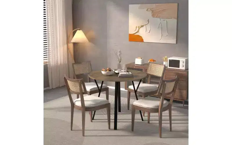 Table de salle à manger ronde de 35,43 pouces, petite table de cuisine circulaire avec pieds en métal noir pour 2-4 personnes, table de salle à manger moderne, marron (table uniquement)