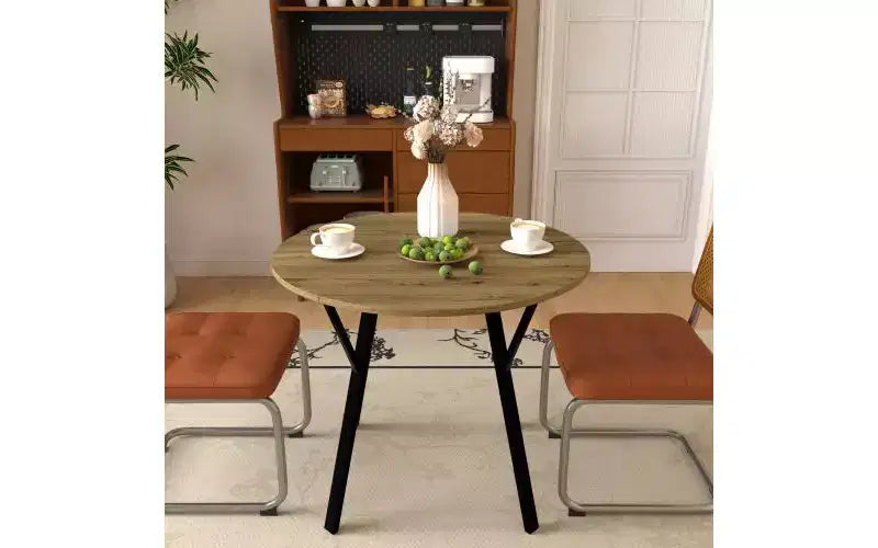 Table de salle à manger ronde de 35,43 pouces, petite table de cuisine circulaire avec pieds en métal noir pour 2-4 personnes, table de salle à manger moderne, marron (table uniquement)