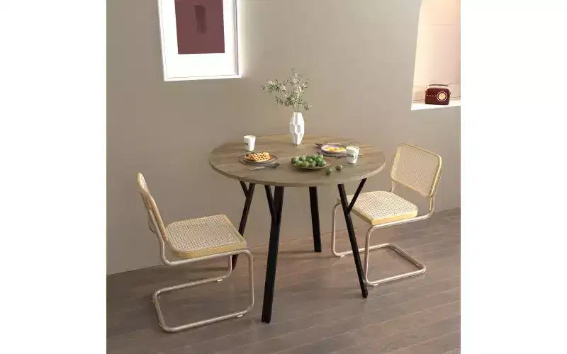 Table de salle à manger ronde de 35,43 pouces, petite table de cuisine circulaire avec pieds en métal noir pour 2-4 personnes, table de salle à manger moderne, marron (table uniquement)
