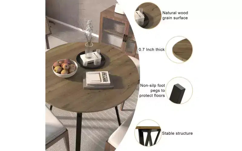 Table de salle à manger ronde de 35,43 pouces, petite table de cuisine circulaire avec pieds en métal noir pour 2-4 personnes, table de salle à manger moderne, marron (table uniquement)