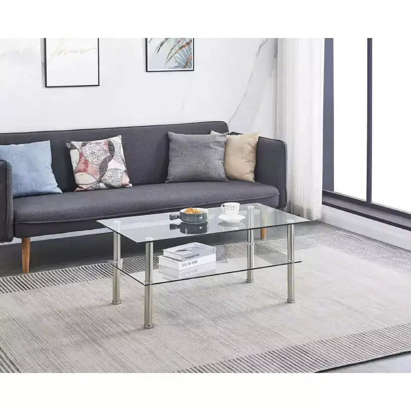 Table basse moderne à 2 niveaux avec étagère de rangement, design peu encombrant pour salon