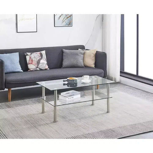 Table basse moderne à 2 niveaux avec étagère de rangement, design peu encombrant pour salon