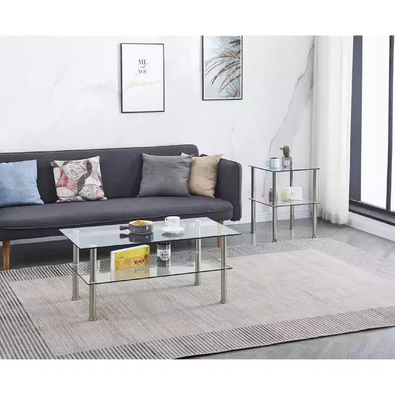Table basse moderne à 2 niveaux avec étagère de rangement, design peu encombrant pour salon