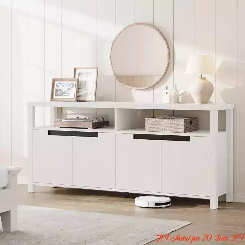 Meuble TV de salon de ferme de 63 po pour téléviseurs jusqu'à 65 po, console de divertissement rustique de style bohème avec 4 portes et étagère ouverte, supports de console de télévision
