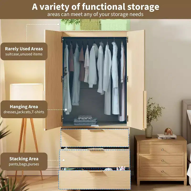 Armoire penderie 3 tiroirs, tringle et deux portes