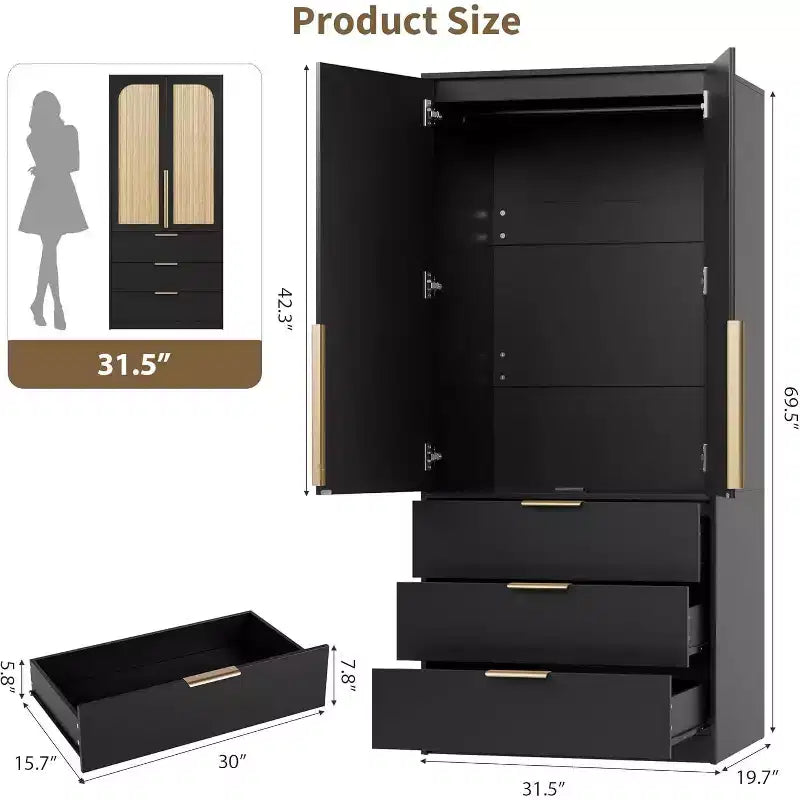 Armoire penderie 3 tiroirs, tringle et deux portes