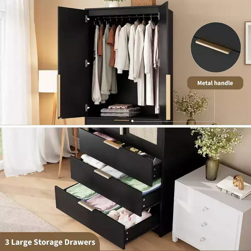 Armoire penderie 3 tiroirs, tringle et deux portes