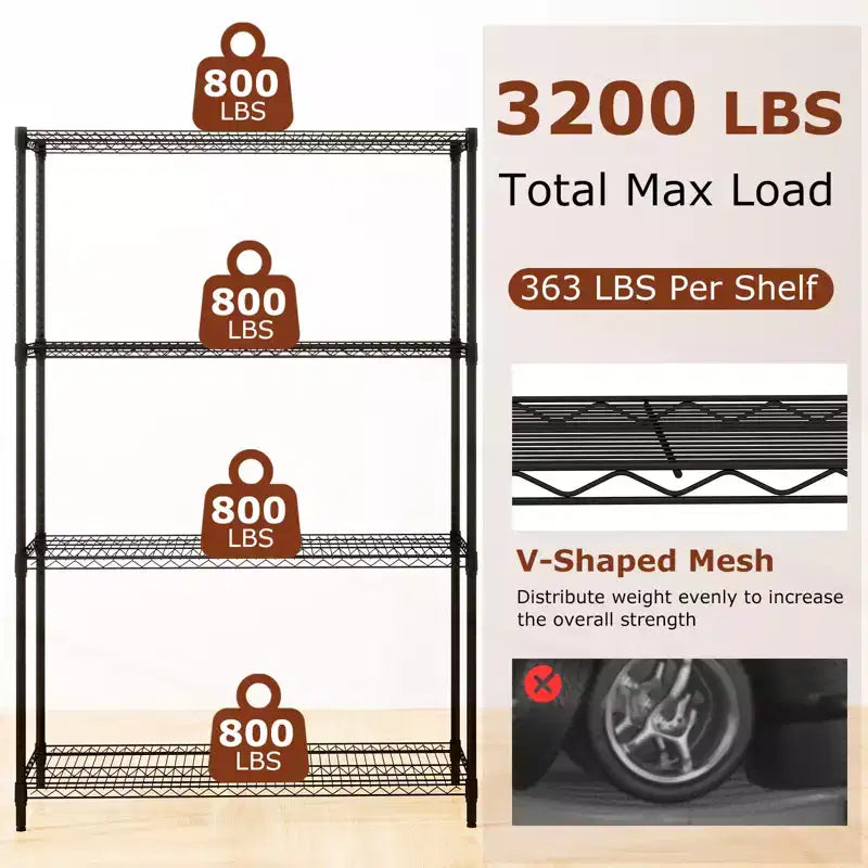 Étagère de rangement à 4 niveaux réglable avec tablette grillagée en V