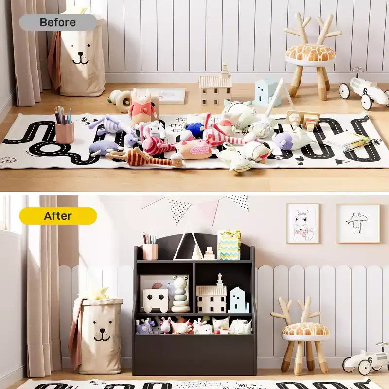 Étagère à livres et organiseur de jouets pour enfants à 3 niveaux – Casiers multi-compartiments, coins arrondis sécurisés pour les enfants, assemblage facile – Étagère de rangement idéale pour la maternelle