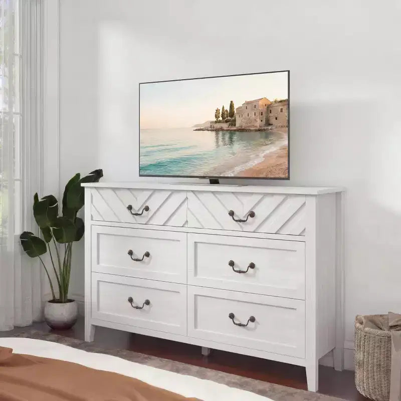 Commodes à 6 tiroirs, meuble TV en bois avec façade à motif en V, console média de centre de divertissement moderne avec rangement pour salon, appartement et entrée.