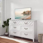 Commodes à 6 tiroirs, meuble TV en bois avec façade à motif en V, console média de centre de divertissement moderne avec rangement pour salon, appartement et entrée.