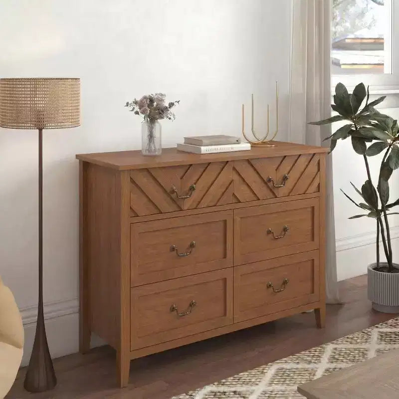 Commodes à 6 tiroirs, meuble TV en bois avec façade à motif en V, console média de centre de divertissement moderne avec rangement pour salon, appartement et entrée.