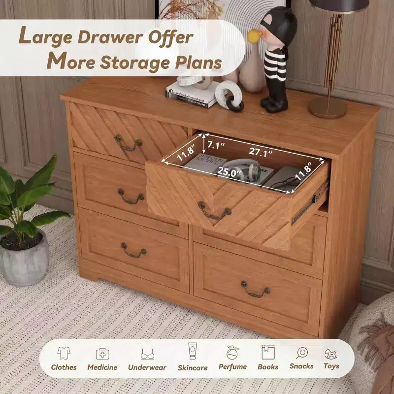 Commodes à 6 tiroirs, meuble TV en bois avec façade à motif en V, console média de centre de divertissement moderne avec rangement pour salon, appartement et entrée.