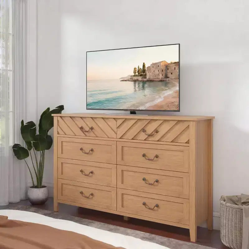 Commodes à 6 tiroirs, meuble TV en bois avec façade à motif en V, console média de centre de divertissement moderne avec rangement pour salon, appartement et entrée.