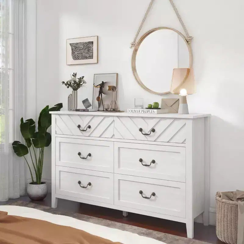 Commodes à 6 tiroirs, meuble TV en bois avec façade à motif en V, console média de centre de divertissement moderne avec rangement pour salon, appartement et entrée.