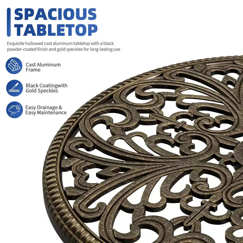 Table de salle à manger de patio en fonte d'aluminium résistante aux intempéries, table de bistrot ronde d'extérieur de 23" avec trou pour parasol, design antique, assemblage facile
