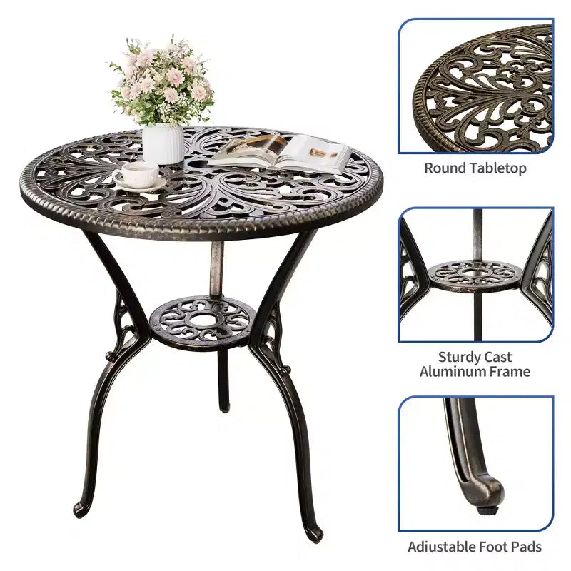 Table de salle à manger de patio en fonte d'aluminium résistante aux intempéries, table de bistrot ronde d'extérieur de 23" avec trou pour parasol, design antique, assemblage facile