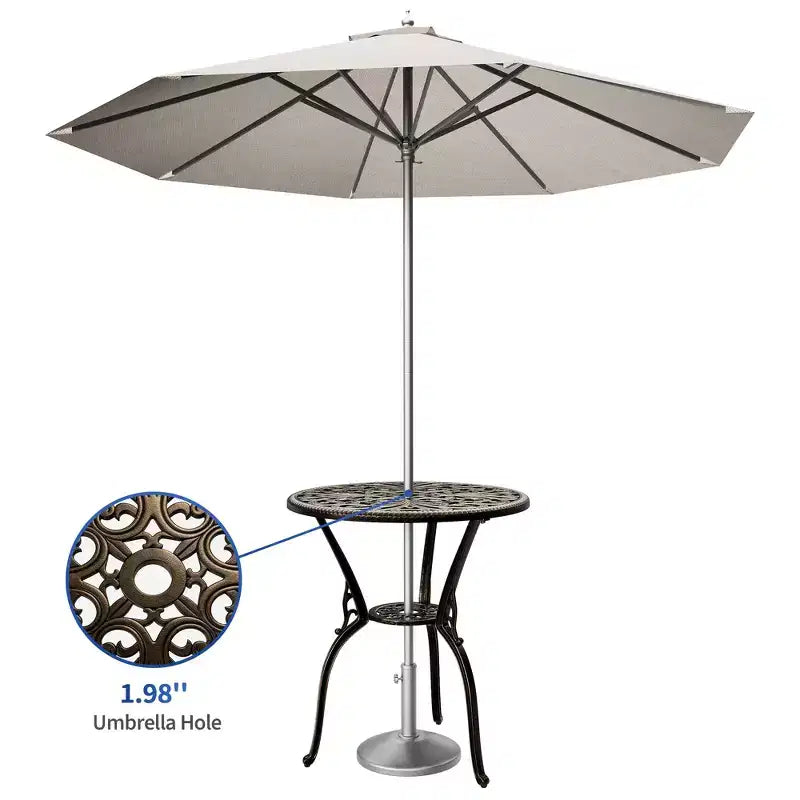 Table de salle à manger de patio en fonte d'aluminium résistante aux intempéries, table de bistrot ronde d'extérieur de 23" avec trou pour parasol, design antique, assemblage facile
