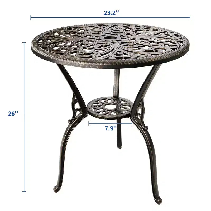 Table de salle à manger de patio en fonte d'aluminium résistante aux intempéries, table de bistrot ronde d'extérieur de 23" avec trou pour parasol, design antique, assemblage facile