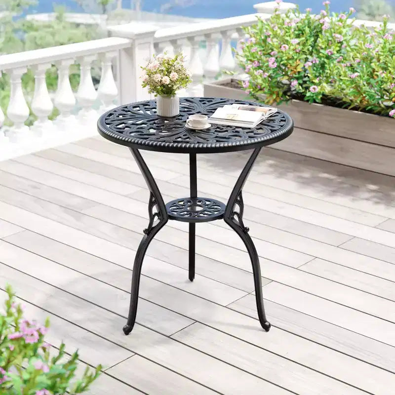 Table de salle à manger de patio en fonte d'aluminium résistante aux intempéries, table de bistrot ronde d'extérieur de 23" avec trou pour parasol, design antique, assemblage facile