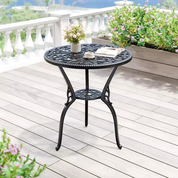 Table de salle à manger de patio en fonte d'aluminium résistante aux intempéries, table de bistrot ronde d'extérieur de 23" avec trou pour parasol, design antique, assemblage facile