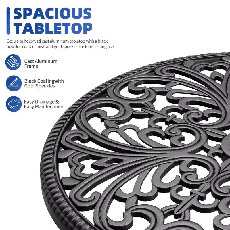 Table de salle à manger de patio en fonte d'aluminium résistante aux intempéries, table de bistrot ronde d'extérieur de 23" avec trou pour parasol, design antique, assemblage facile