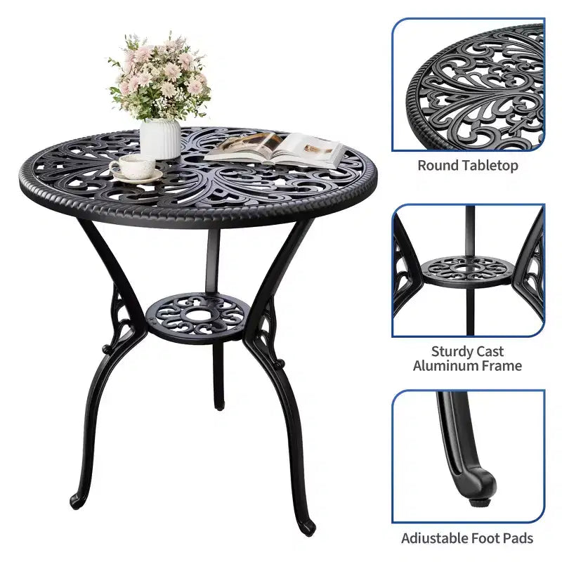 Table de salle à manger de patio en fonte d'aluminium résistante aux intempéries, table de bistrot ronde d'extérieur de 23" avec trou pour parasol, design antique, assemblage facile