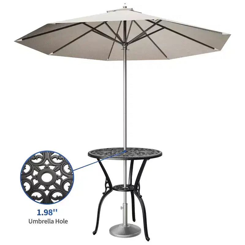 Table de salle à manger de patio en fonte d'aluminium résistante aux intempéries, table de bistrot ronde d'extérieur de 23" avec trou pour parasol, design antique, assemblage facile