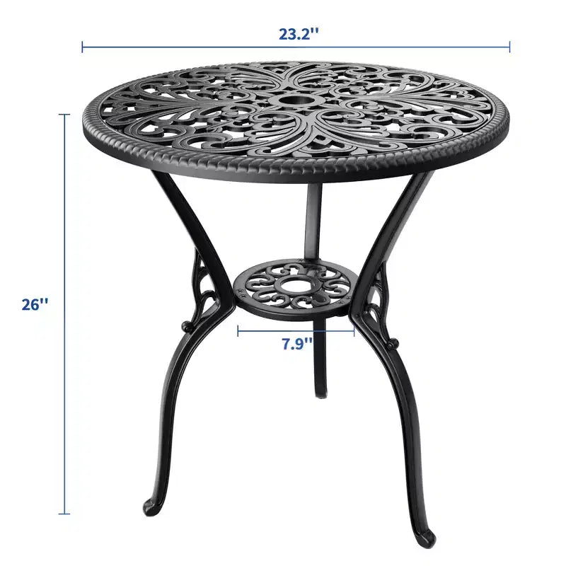 Table de salle à manger de patio en fonte d'aluminium résistante aux intempéries, table de bistrot ronde d'extérieur de 23" avec trou pour parasol, design antique, assemblage facile