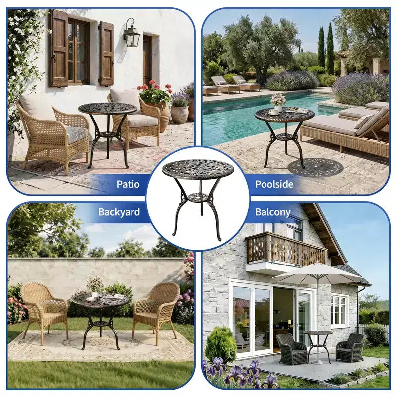 Table de salle à manger de patio en fonte d'aluminium résistante aux intempéries, table de bistrot ronde d'extérieur de 23" avec trou pour parasol, design antique, assemblage facile