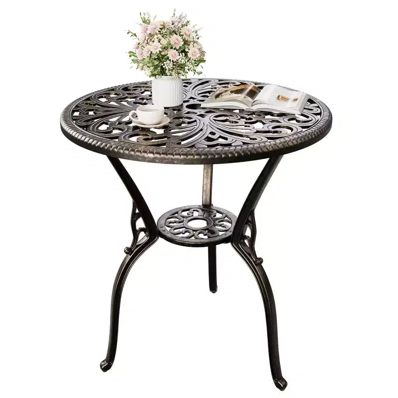Table de salle à manger de patio en fonte d'aluminium résistante aux intempéries, table de bistrot ronde d'extérieur de 23" avec trou pour parasol, design antique, assemblage facile