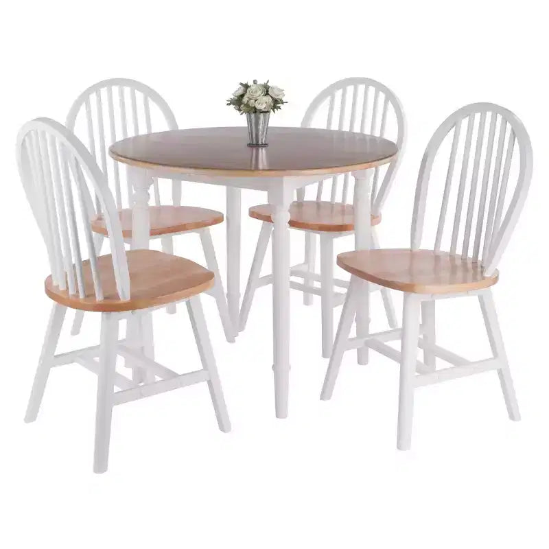 Table à manger Sorella 5 pièces Naturel/Blanc : Plateau rond à rallonge, Bois massif, 4 chaises Windsor