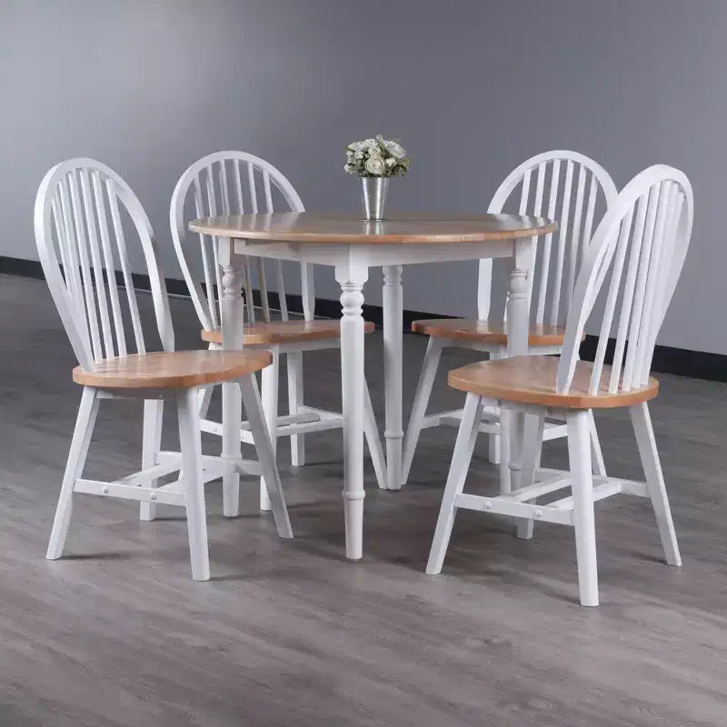 Table à manger Sorella 5 pièces Naturel/Blanc : Plateau rond à rallonge, Bois massif, 4 chaises Windsor
