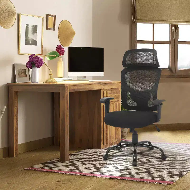 Chaise de bureau grande taille en maille avec support lombaire et appui-tête réglable, noire