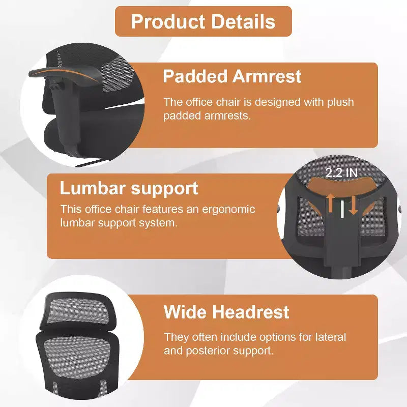 Chaise de bureau grande taille en maille avec support lombaire et appui-tête réglable, noire