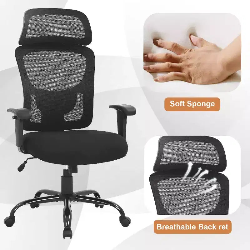 Chaise de bureau grande taille en maille avec support lombaire et appui-tête réglable, noire