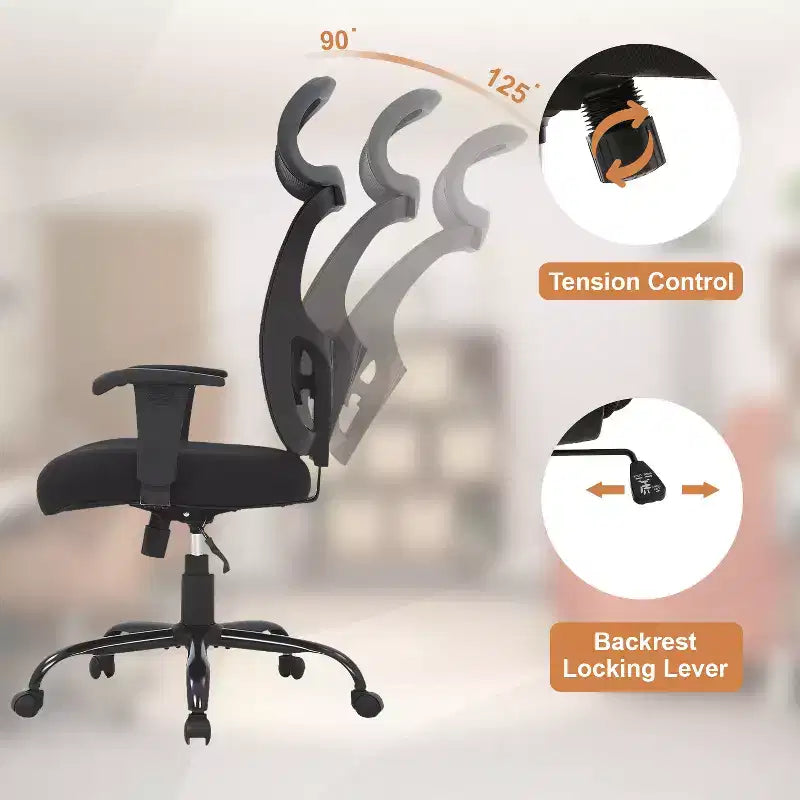 Chaise de bureau grande taille en maille avec support lombaire et appui-tête réglable, noire