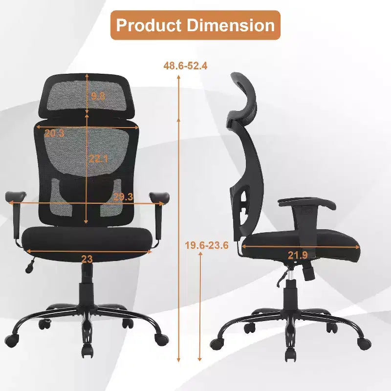 Chaise de bureau grande taille en maille avec support lombaire et appui-tête réglable, noire