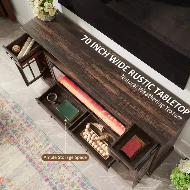 Meuble TV cheminée de 70 pouces pour téléviseur de 80 pouces, meuble TV de style ferme avec porte et tiroirs