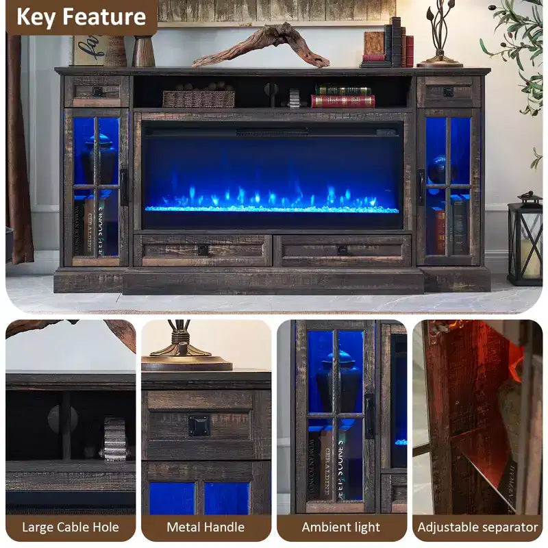 Meuble TV cheminée de 70 pouces pour téléviseur de 80 pouces, meuble TV de style ferme avec porte et tiroirs