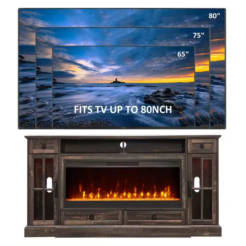Meuble TV cheminée de 70 pouces pour téléviseur de 80 pouces, meuble TV de style ferme avec porte et tiroirs