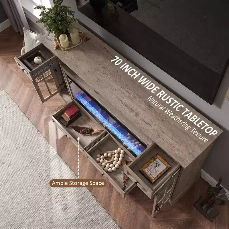 Meuble TV cheminée de 70 pouces pour téléviseur de 80 pouces, meuble TV de style ferme avec porte et tiroirs
