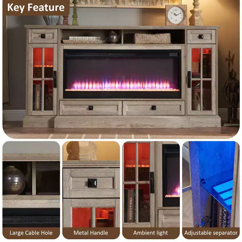 Meuble TV cheminée de 70 pouces pour téléviseur de 80 pouces, meuble TV de style ferme avec porte et tiroirs